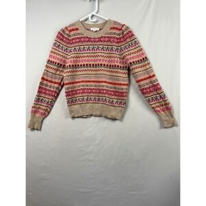 J.Crew Fair Isle Sweater Women Small Tan Pink Cherry Lambswool Cottage Knit